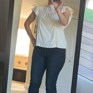 Caslon Beige Pintuck Yoke Flutter Top